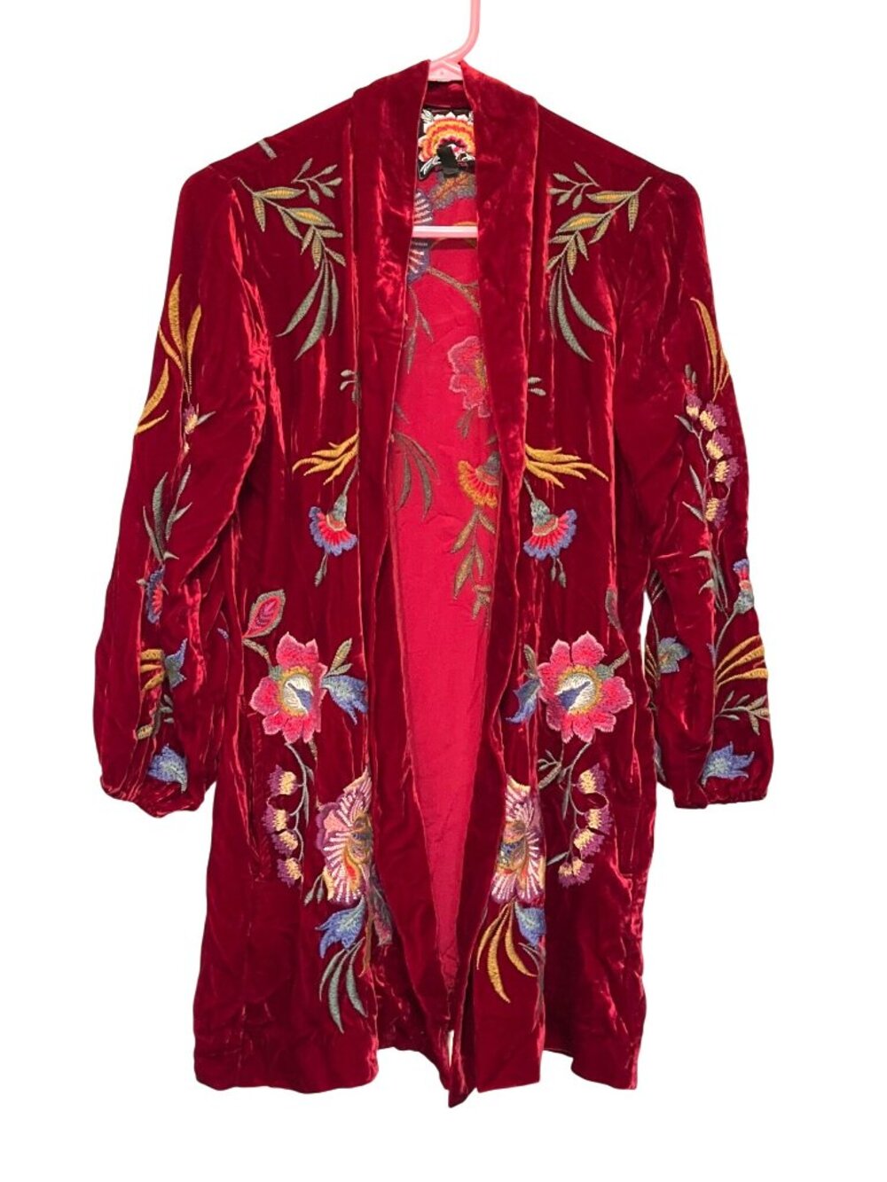 Johnny Was Sidonia Red Velvet Embroidered Kimono With Floral Bishop Sleeves XS